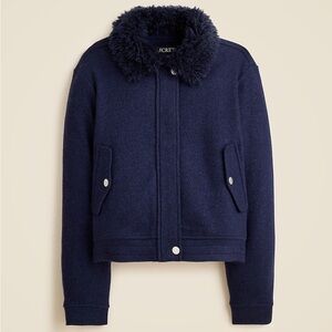 J. Crew Navy Wool-Blend Flight Jacket with Faux Fur Collar
